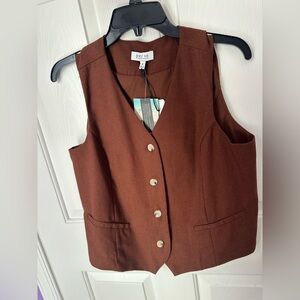 Per Se Women's Linen Rust Brown Button-Front Vest